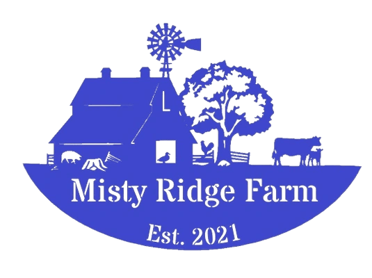 misty_logo-removebg-preview (1) Logo of Misty Ridge Farm featuring a blue silhouette of a farmhouse, a windmill, a tree, and a cow, established in 2021.